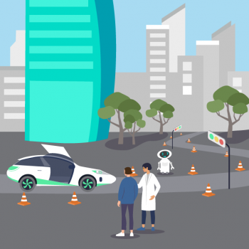 Grafik Personen, Roboter, futuristisches Auto hinter einer Stadt