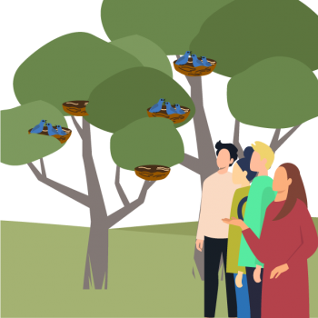 Grafik Personen im Park, Bäume, Vogelnester