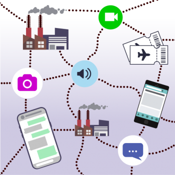 Grafik Netz zwischen Industrieanlagen, Handys, Flugtickets, sozialen Medien