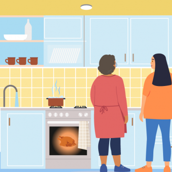 Grafik junge Frau und Großmutter in der Küche