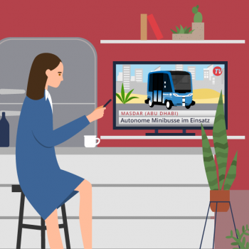 Grafik Frau vor TV mit Bericht zu autonomen Minibussen